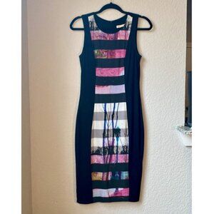 Trina Turk calf length printed sleeveless dress Small black body con striped